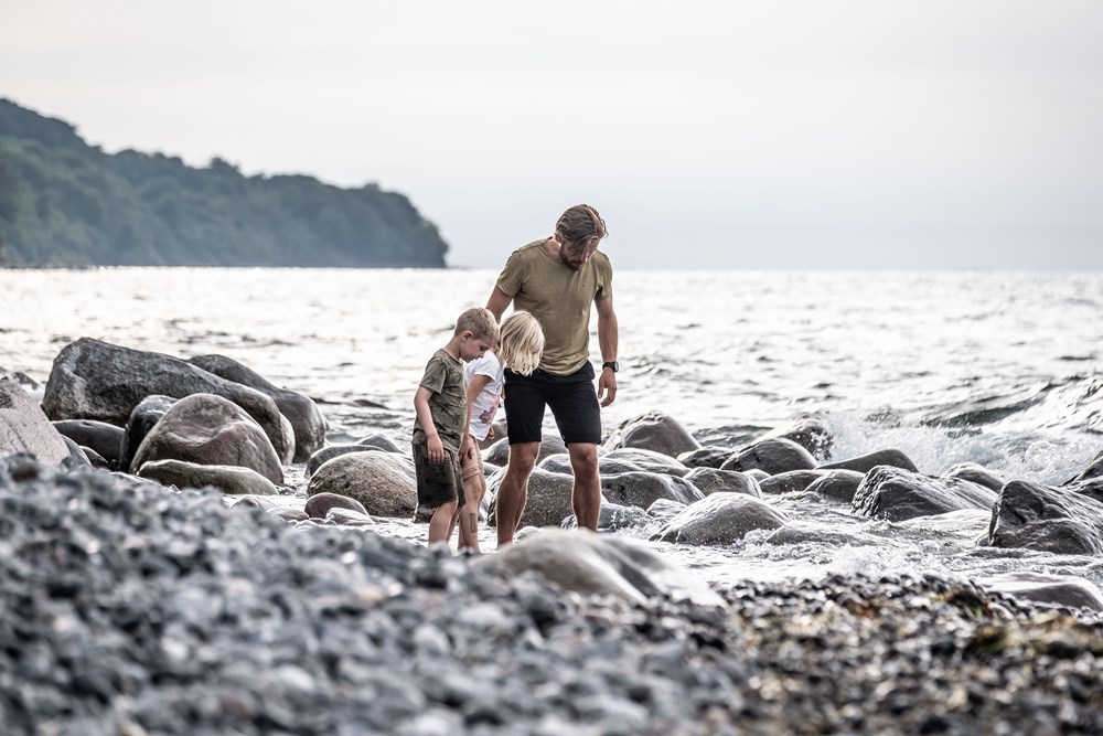 Far og børn leder efter fossiler på stranden